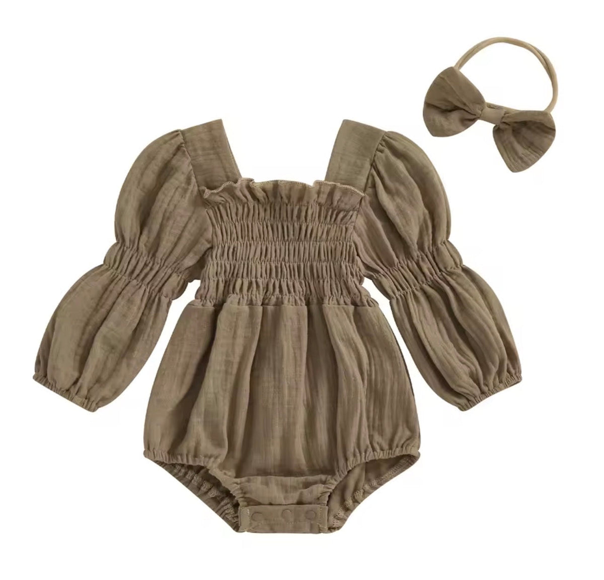 Brown Muslin Romper With Bow