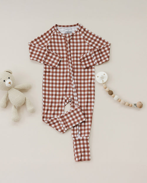 Bamboo Zip Romper | Chocolate Gingham