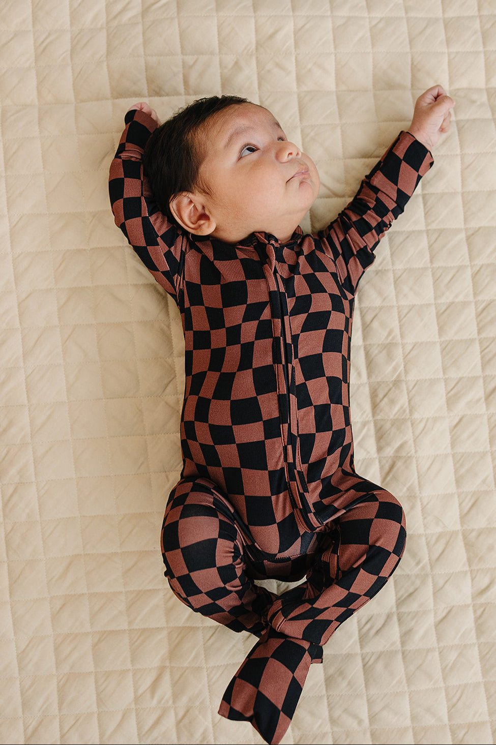 Bamboo Zip Romper | Chocolate Wavy Checkered