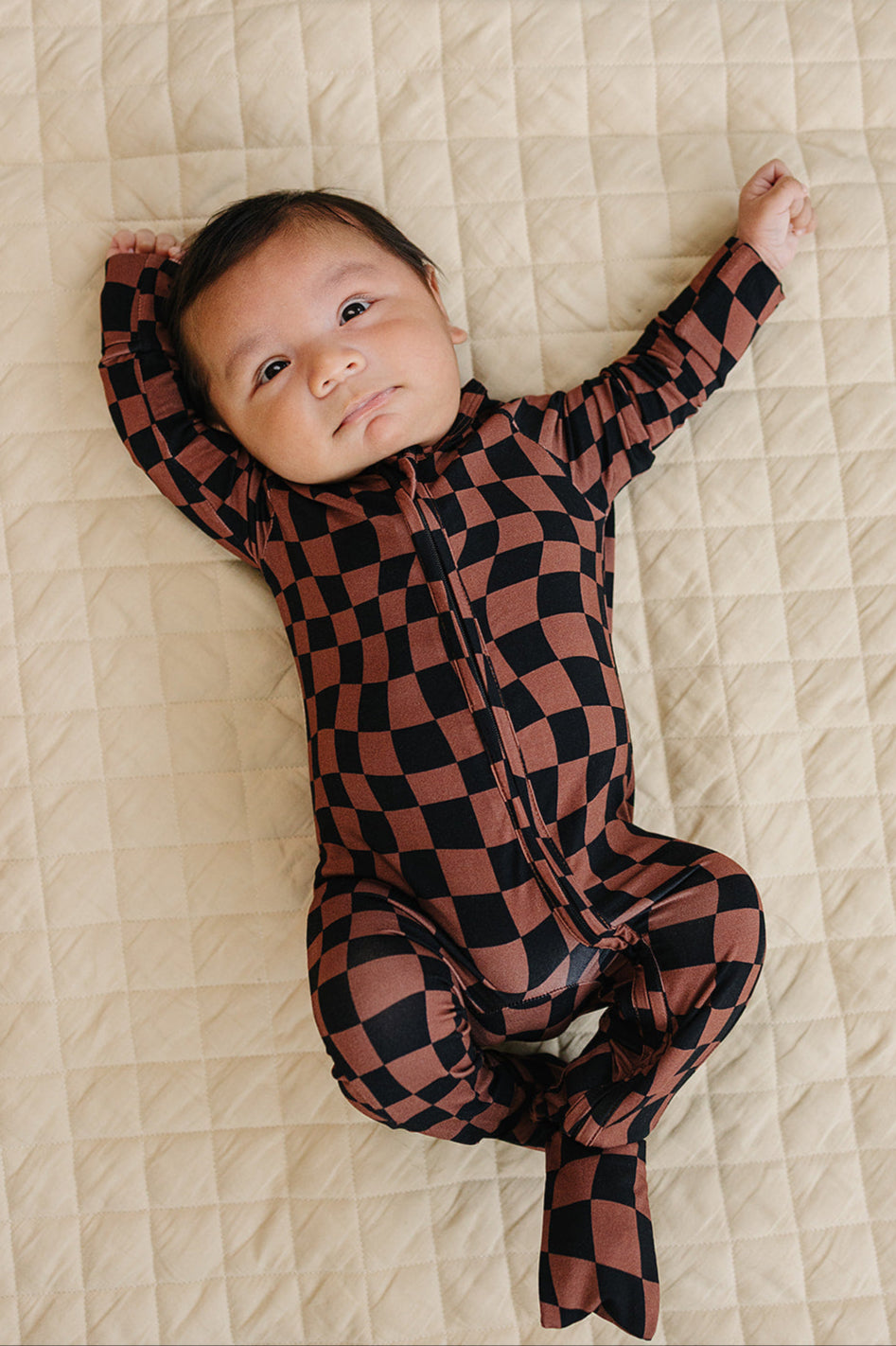 Bamboo Zip Romper | Chocolate Wavy Checkered